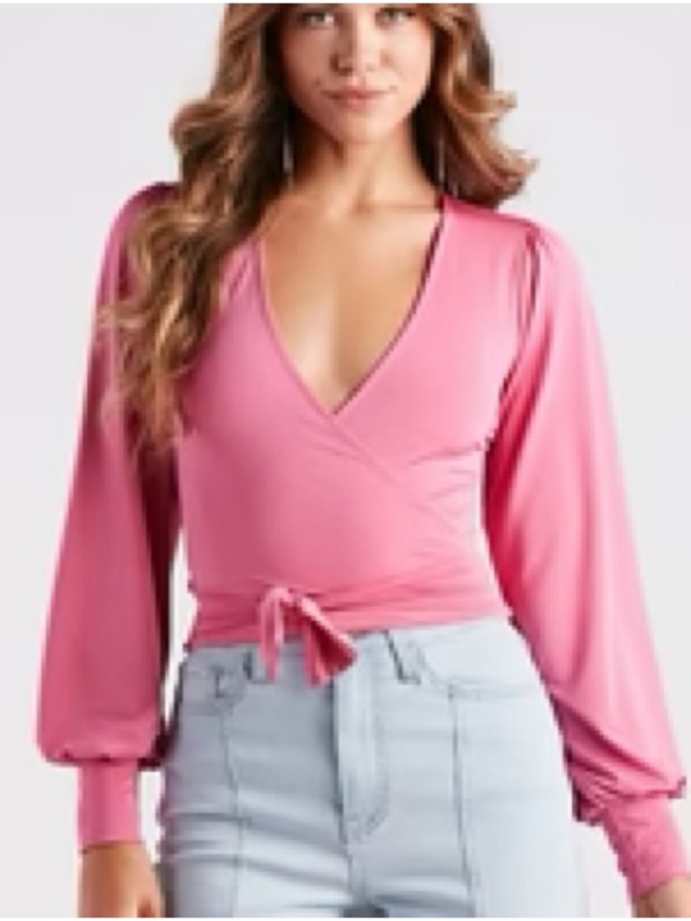 Windsor Coral Wrap Tie-Front Long Sleeve Blouse - Picture 3 of 4